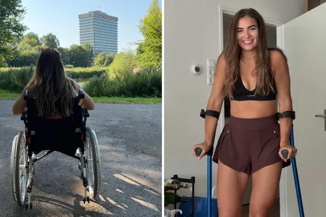 From left: Elissa Simpson sits outdoors in a wheelchair; and uses crutches inside.
