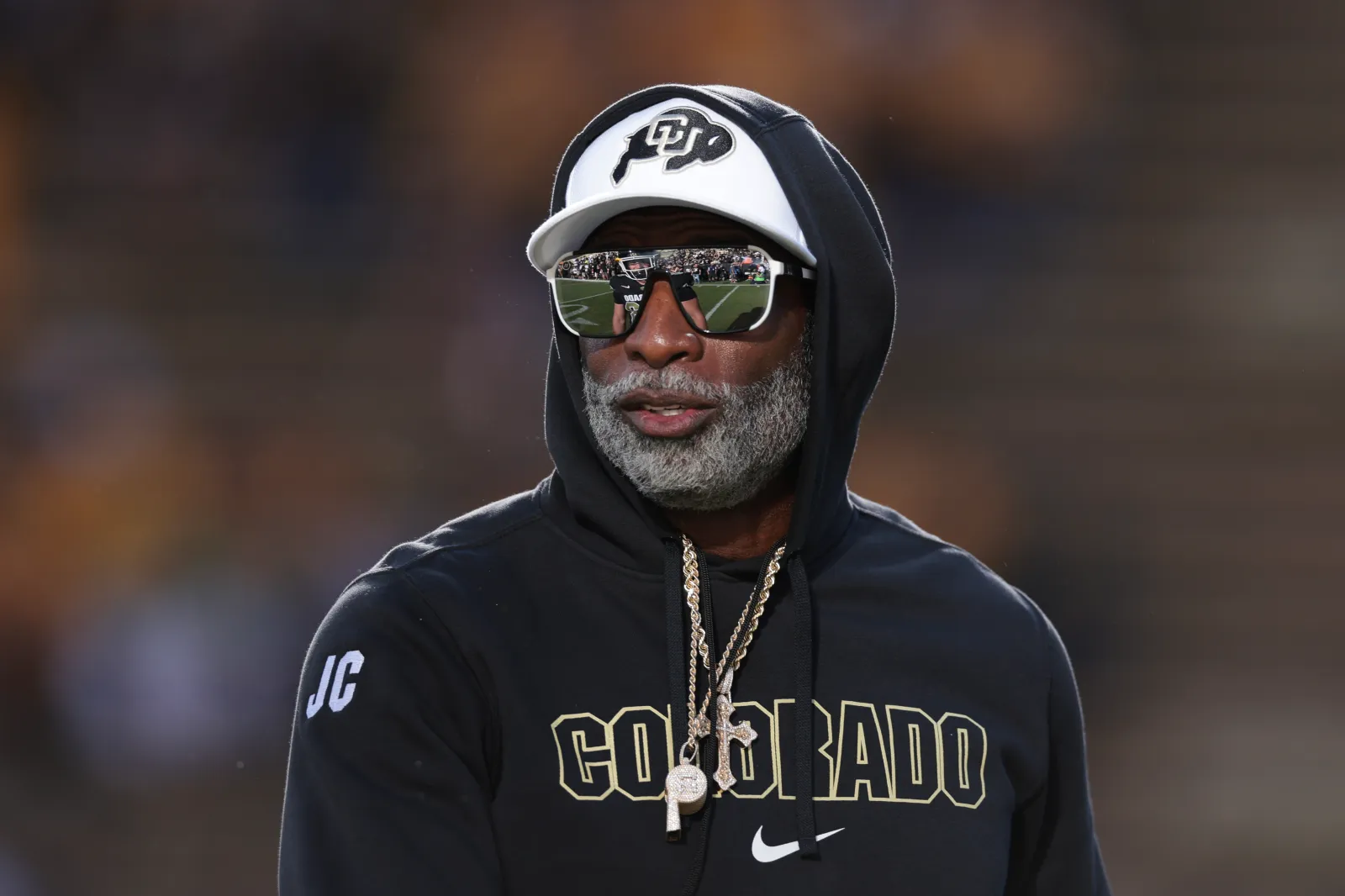  Head coach Deion Sanders of the Colorado Buffaloes walks the field during warm ups prior to the game against the North Dakota State Bison at Folsom Field on August 29, 2024 in Boulder, Colorado. (Photo by Andrew Wevers/Getty Images)