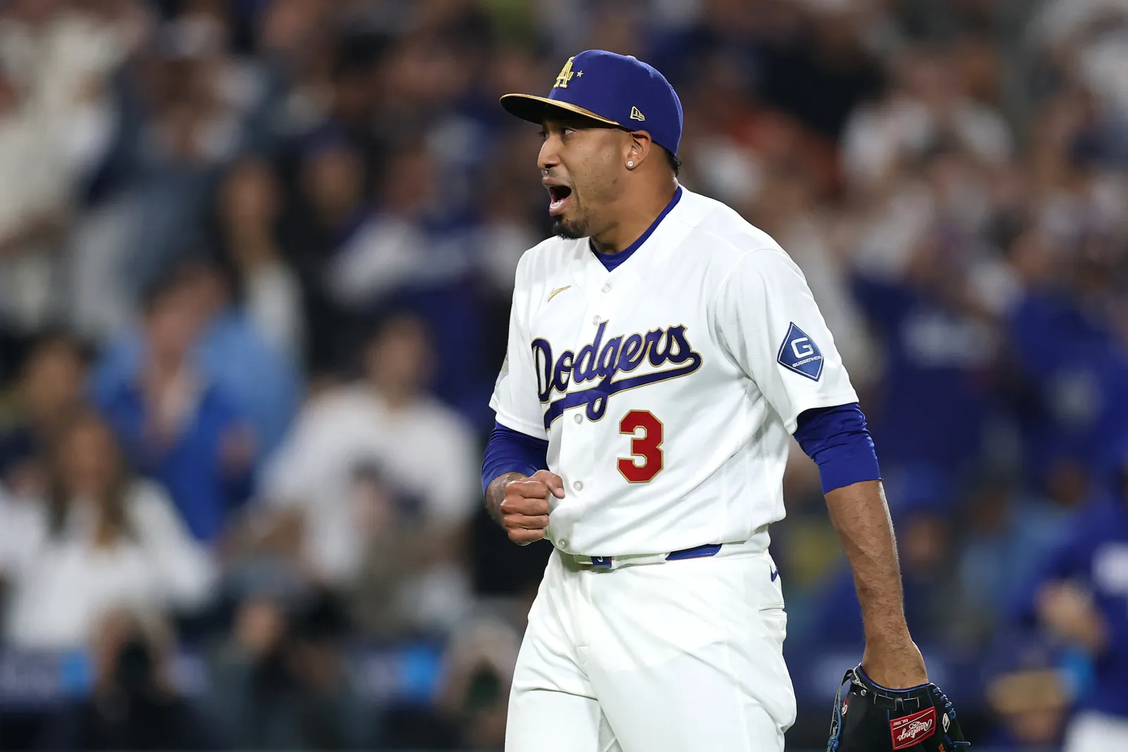  Edwin Díaz #3 of the Los Angeles Dodgers reacts after defeating the Arizona Diamondbacks at Dodger Stadium on March 27, 2026 in Los Angeles, California. (Photo by Luke Hales/Getty Images)