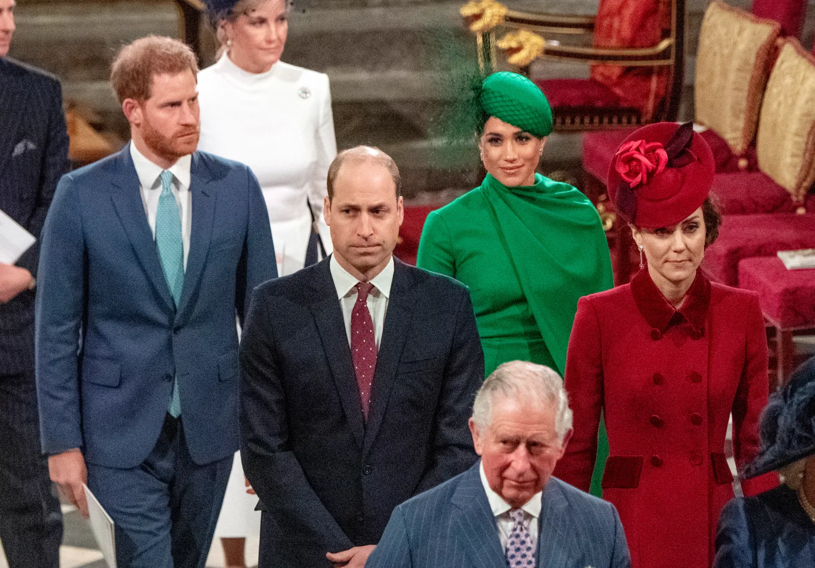 Britain's Prince Harry, Duke of Sussex (L) and Britain's Meghan, Duchess of Sussex (2nd R) follow Britain's Prince William, Duke of Cambridge (C) and Britain's Catherine, Duchess of Cambridge (R) as they depart Westminster Abbey after attending the annual Commonwealth Service in London on March 9, 2020.
