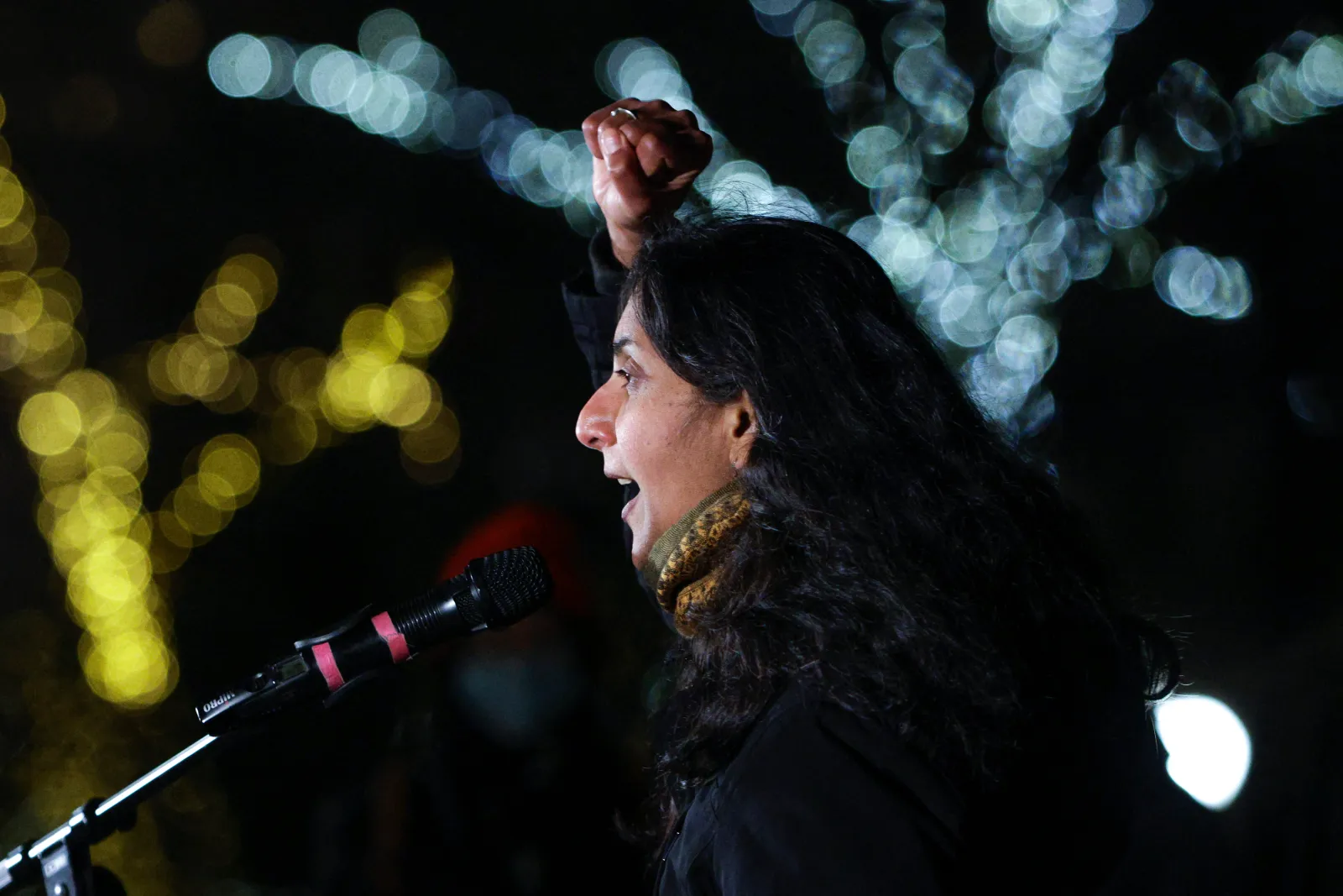Kshama Sawant speaks during an evening rally at Cal Anderson Park in Seattle, Washington, January 25, 2022.