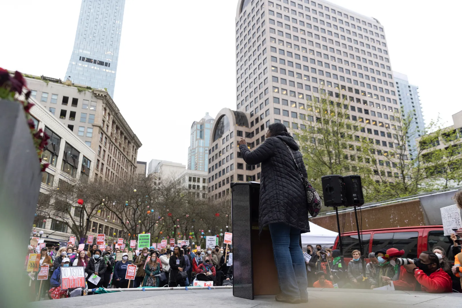 Kshama Sawant speaks during a "Rally to Defend Roe v. Wade" and "Stand up for Abortion and LGBTQ Rights" event in Seattle, Washington on May 3, 2022.