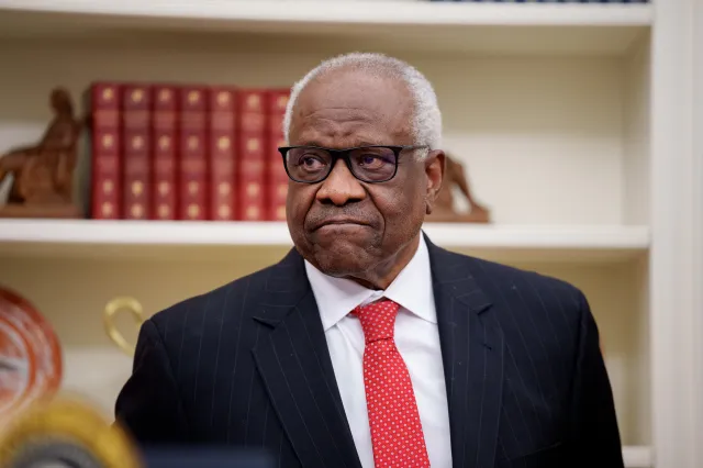 U.S. Supreme Court Associate Justice Clarence Thomas appears before swearing in Pam Bondi as U.S. Attorney General in the Oval Office at the White House on February 5, 2025, in Washington, DC.