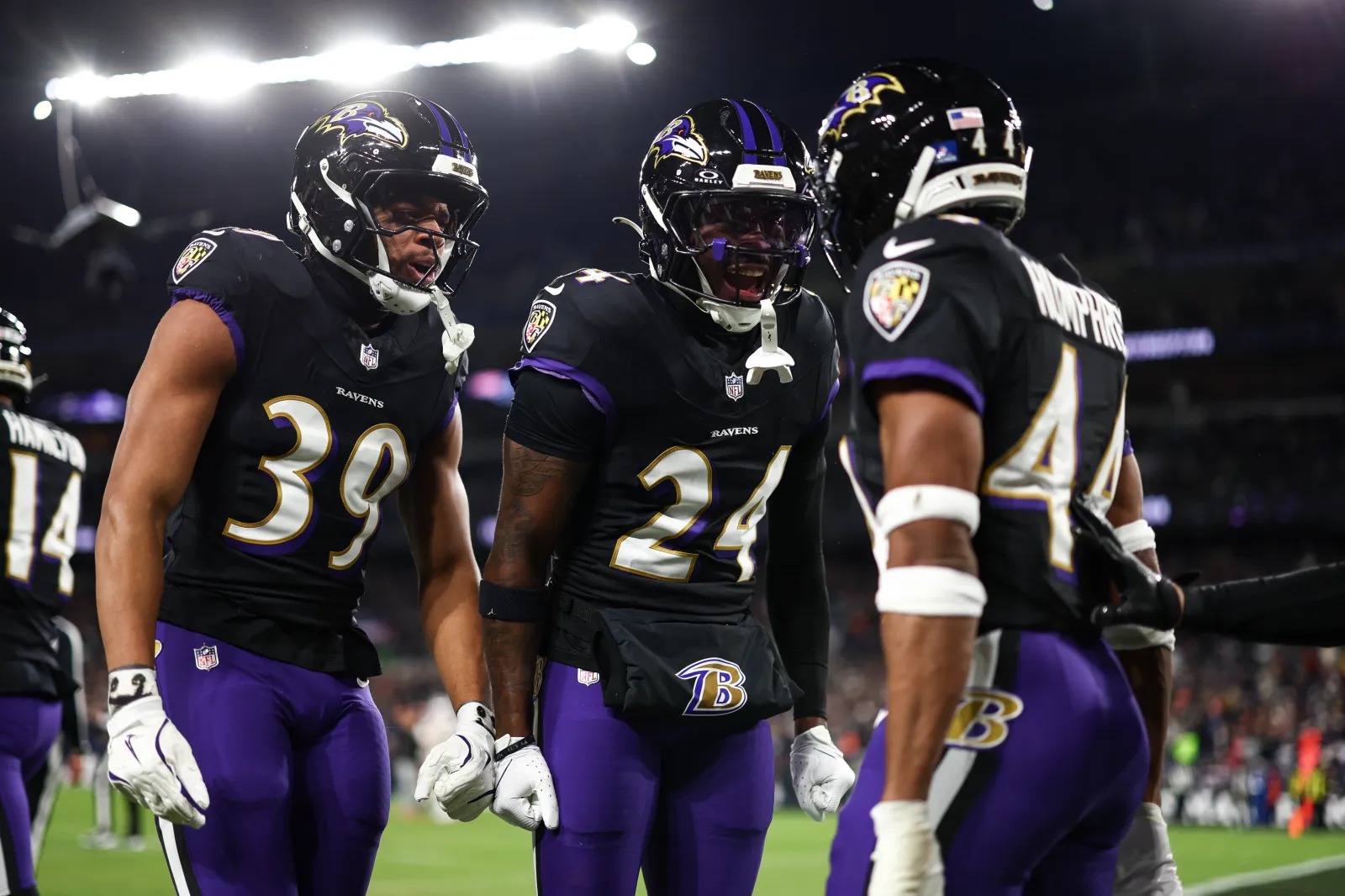 The Baltimore Ravens celebrate with teammates during the first quarter against the New England Patriots at M&T Bank Stadium in Baltimore, Maryland. (Photo by Kevin Sabitus/Getty Images)