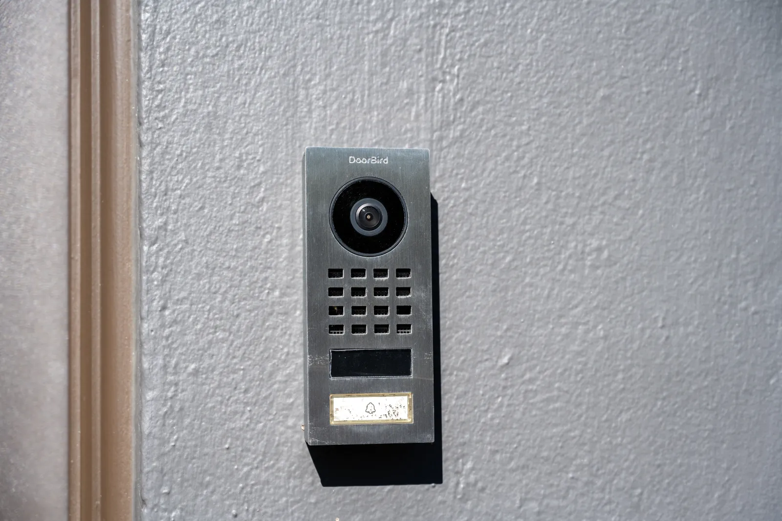 Close-up of DoorBird video doorbell intercom mounted on gray exterior wall, San Francisco, California, March 12, 2026. (Photo by Smith Collection/Gado/Getty Images)