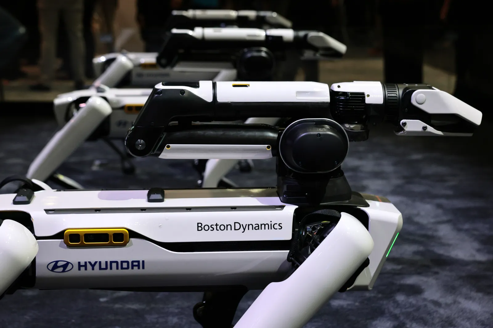Hyundai Boston Dynamics Spot robot dogs are displayed at the New York Auto Show media day at the Jacob K. Javits Convention Center on April 01, 2026 in New York City.(Photo by Michael M. Santiago/Getty Images)