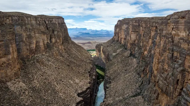 From an aerial view, the Rio Grande flows through the Santa Elena Canon on April 11, 2026 in Big Bend National Park, Texas.