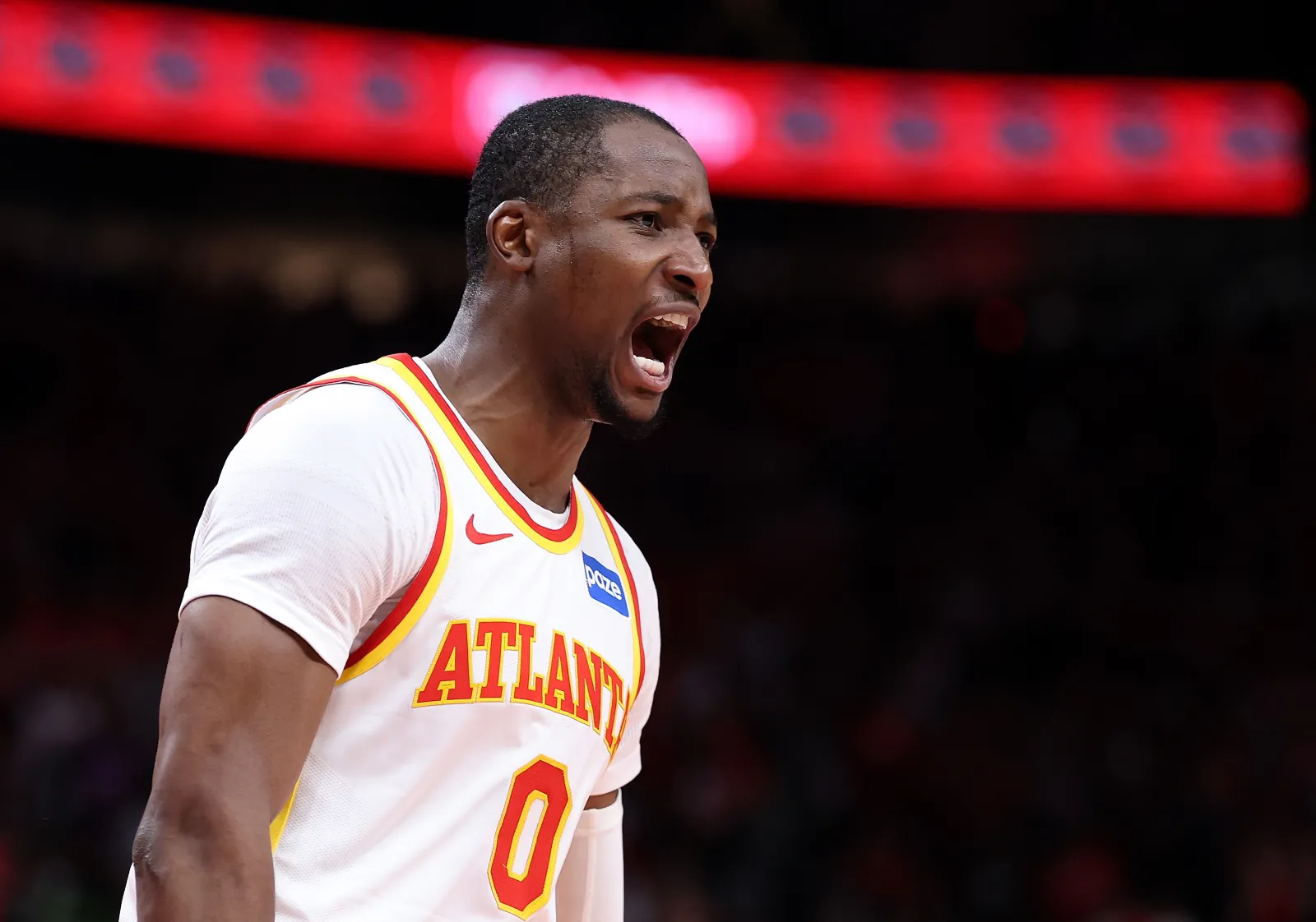 Jonathan Kuminga #0 of the Atlanta Hawks reacts after a basket against the New York Knicks during the fourth quarter of game three of the Eastern Conference first round playoffs at State Farm Arena on April 23, 2026 in Atlanta, Georgia. (Photo by Kevin C. Cox/Getty Images)