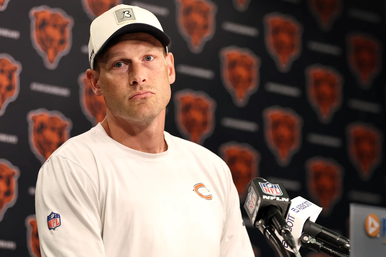 Coach Ben Johnson speaks to reporters during Bears Mandatory Minicamp in Illinois