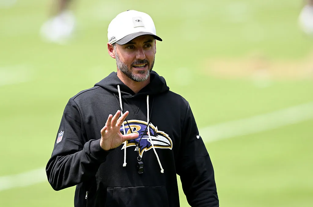 OWINGS MILLS, MARYLAND - JUNE 09: Head coach Jesse Minter of the Baltimore Ravens walks off the field after Baltimore Ravens Mandatory Minicamp at Under Armour Performance Center on June 09, 2026 in Owings Mills, Maryland. (Photo by Greg Fiume/Getty Images)