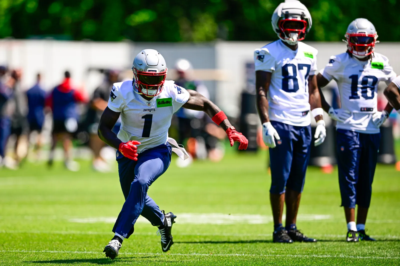A.J. Brown #1 of the New England Patriots sprints during a minicamp at Gillette Stadium on June 09, 2026 in Foxborough, Massachusetts. (Photo by Jaiden Tripi/Getty Images)