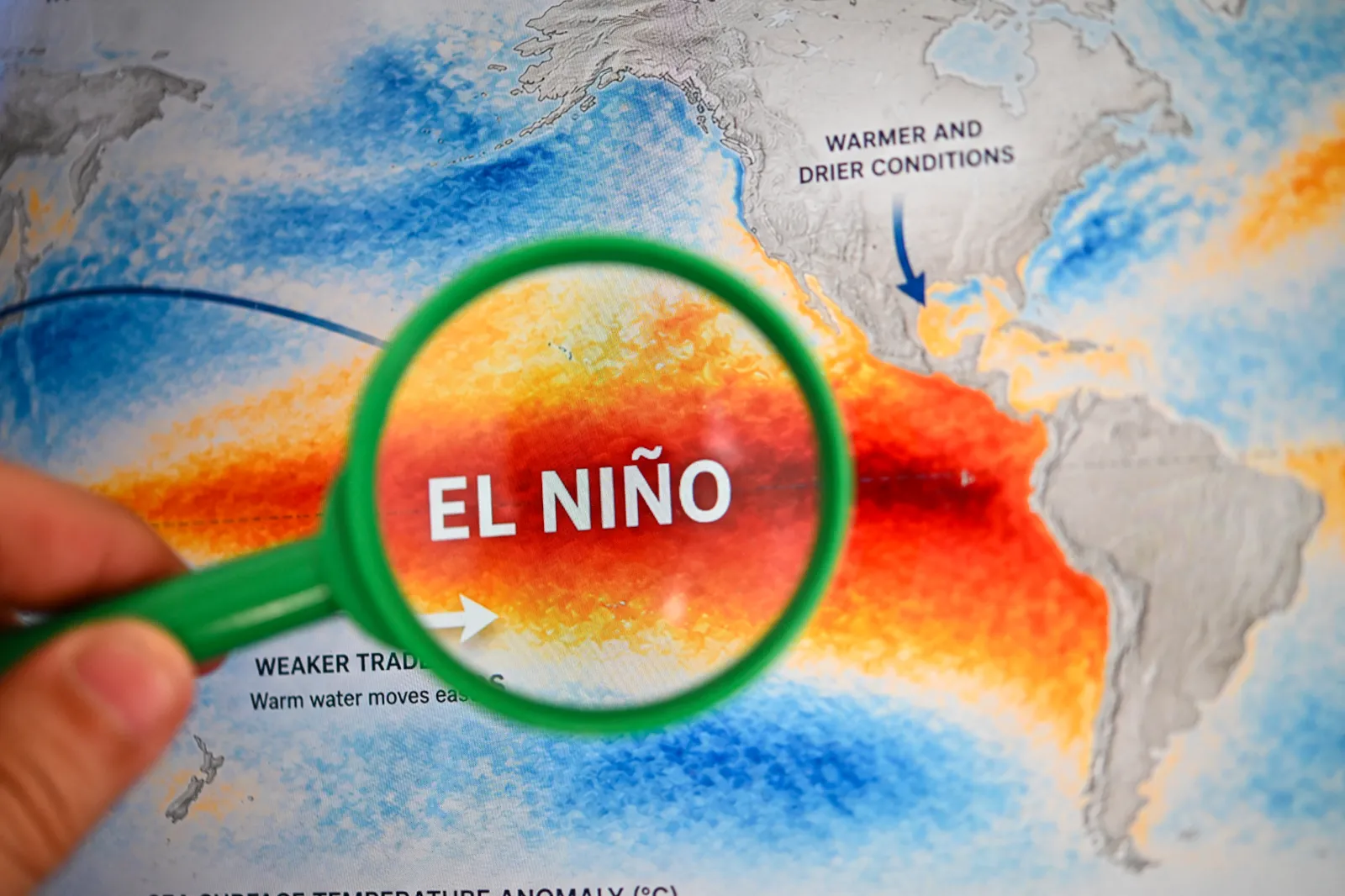 Illustration showing a magnifying glass placed over a map of equatorial Pacific Ocean sea surface temperature anomalies, made in Paris, France, on July 10, 2026.