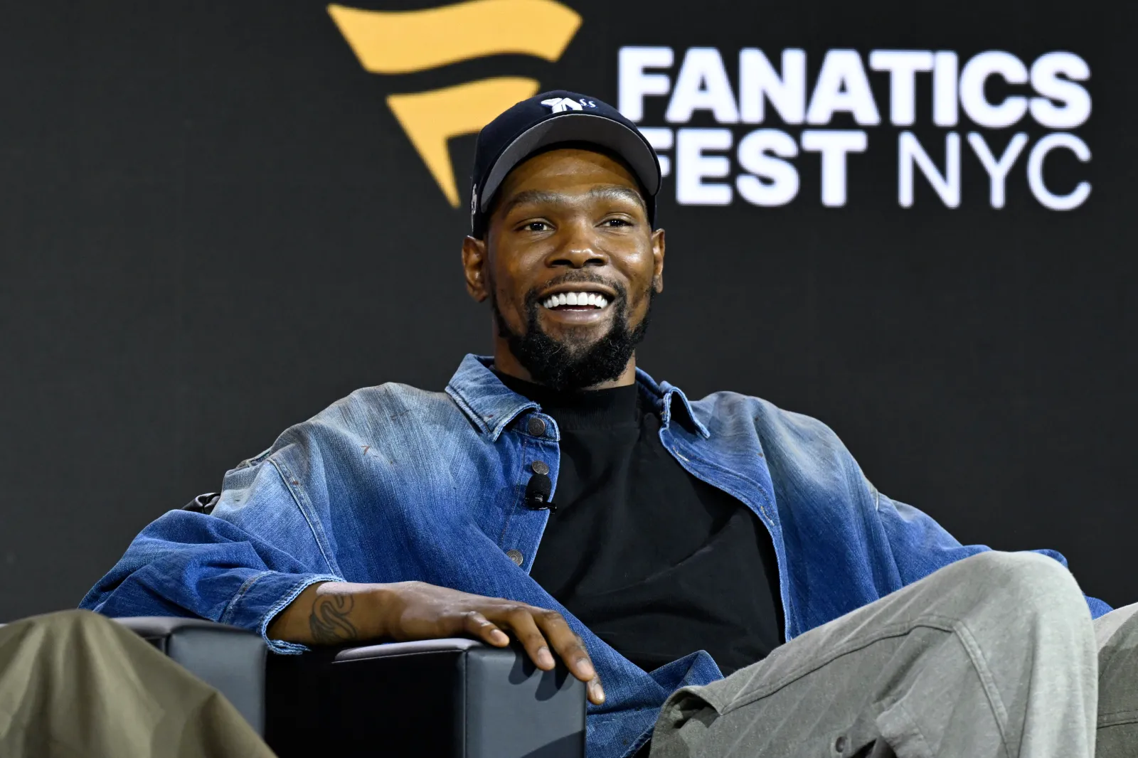 Kevin Durant speaks onstage at Fanatics Fest in NYC