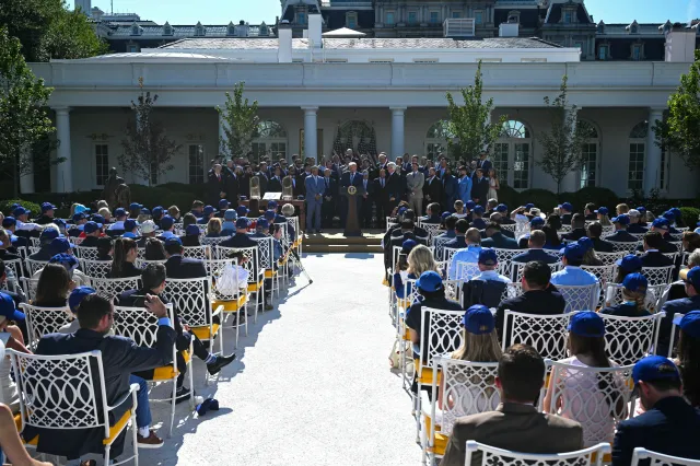 US President Donald Trump speaks during a ceremony to honor the 2025 World Series champions Los Angeles Dodgers in the Rose Garden at the White House in Washington, DC, on July 23, 2026.