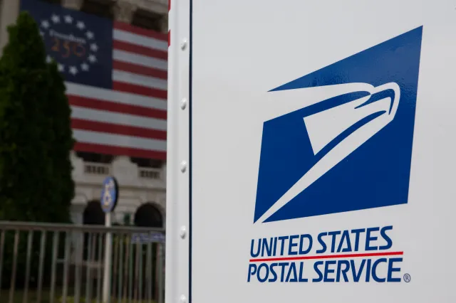 The United States Postal Service (USPS) logo is displayed on a mailbox on July 25, 2026 in Washington, D.C.