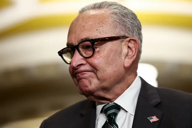 WASHINGTON, DC - JULY 22: Senate Minority Leader Chuck Schumer (D-NY) reacts during a press conference on Capitol Hill on July 22, 2026 in Washington, DC. Schumer was joined by other Democrats as they discussed plans to protect elections from alleged Republican influence. (Photo by Finn Gomez/Getty Images)