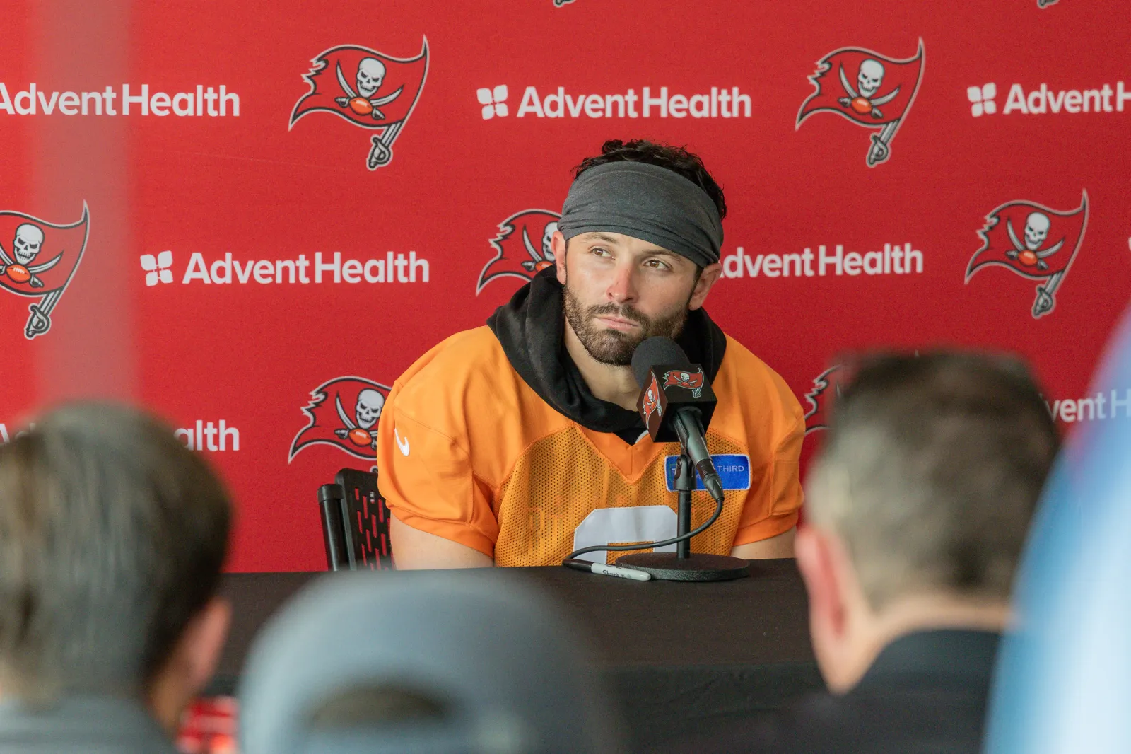Baker Mayfield #6 of the Tampa Bay Buccaneers speaks with media during training camp at AdventHealth Training Center on July 30, 2026 in Tampa, Florida. (Photo by Mike Carlson/Getty Images)