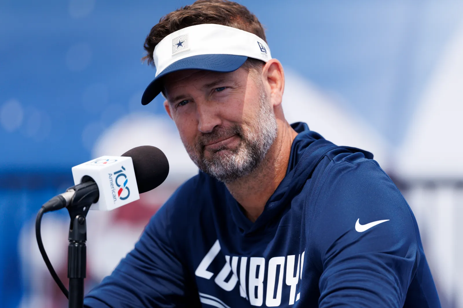 Head coach Brian Schottenheimer of the Dallas Cowboys speaks with members of the media during training camp at River Ridge Playing Fields on July 30, 2026 in Oxnard, California. (Photo by Ric Tapia/Getty Images)