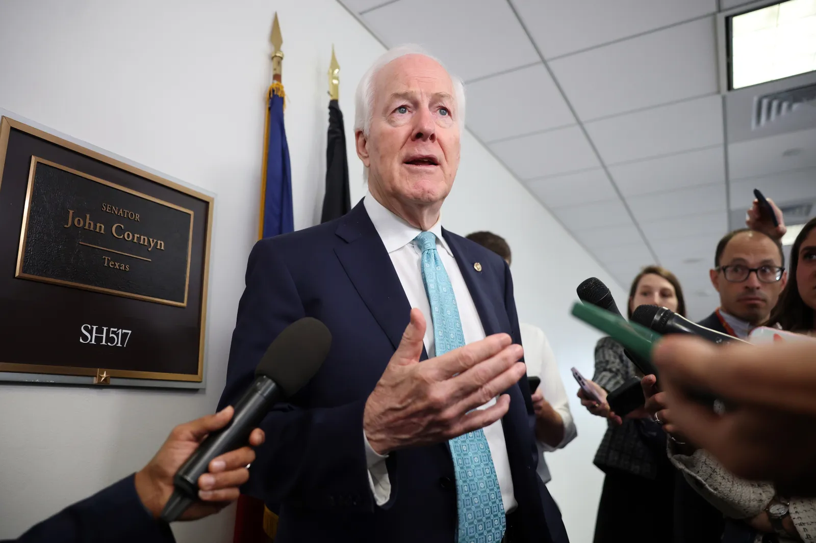 U.S. Sen. John Cornyn (R-TX) speaks to reporters on the confirmation vote for of Attorney General nominee Tod Blanch outside of his office on Capitol Hill on July 29, 2026 in Washington, DC. (Photo by Kevin Dietsch/Getty Images)