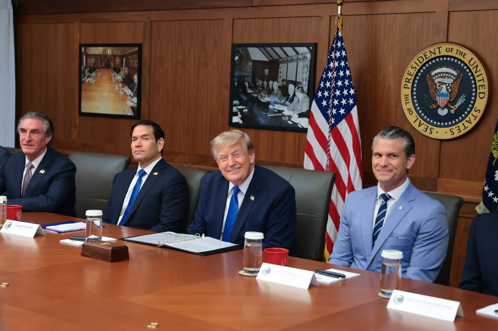 President Donald Trump at a Camp David Cabinet meeting, with (L-R) Secretary of the Interior Doug Burgum, Secretary of State Marco Rubio, and Secretary of Defense Pete Hegseth on July 31, 2026. (Photo by Anna Moneymaker/Getty Images)