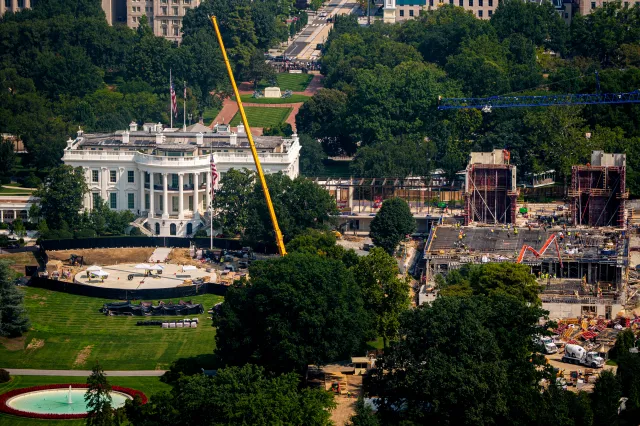 Construction continues on a new helipad on the South Lawn of the White House and the East Wing ballroom on August 10, 2026, in Washington, DC.