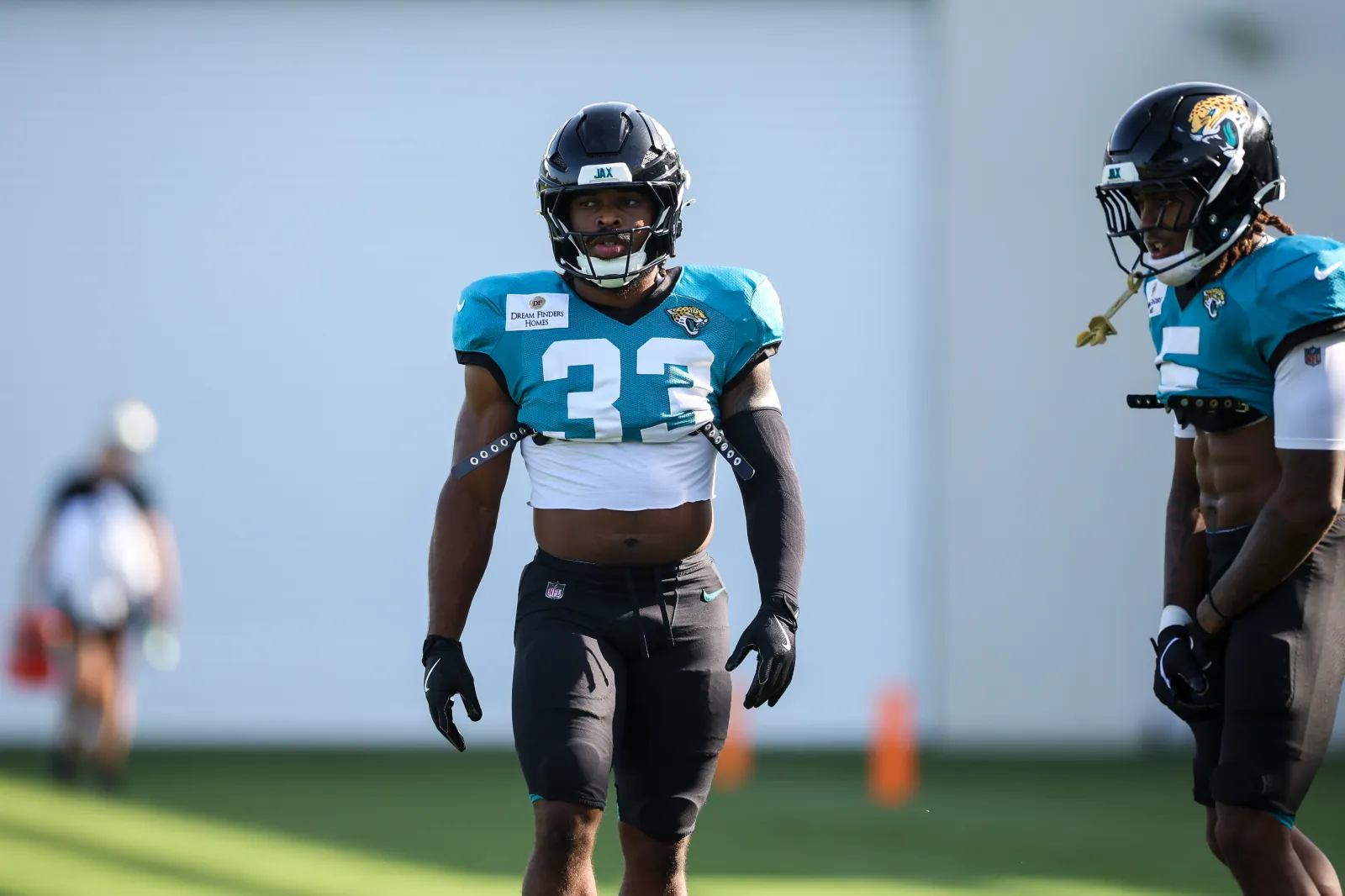 Bhayshul Tuten #33 of the Jacksonville Jaguars looks on during training camp at the Miller Electric Center on August 07, 2026 in Jacksonville, Florida. (Photo by James Gilbert/Getty Images)
