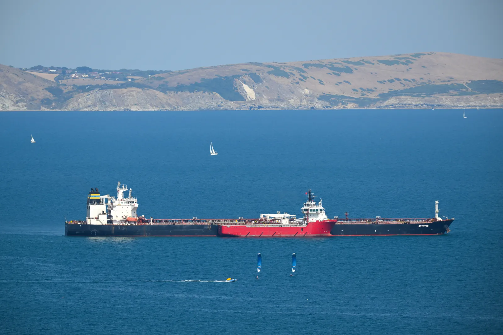 This illustrative image from August 10, 2026 shows the suspected Shadow Fleet oil tanker Smyrtos outside Portland harbor, Portland, United Kingdom.