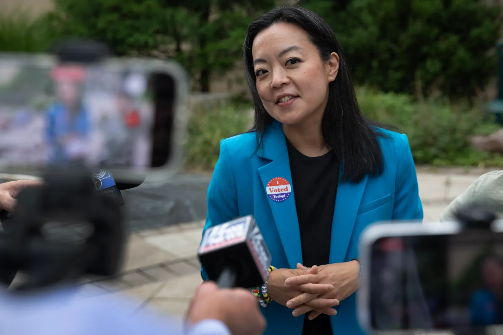 Democratic Wisconsin Gubernatorial candidate Francesca Hong speaks to reporters after voting in the primary election on August 11, 2026 in Madison, Wisconsin.
