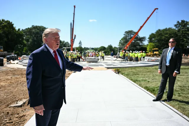 US President Donald Trump speaks to the press at the construction site of a helipad on the South Lawn of the White House in Washington, DC, on August 19, 2026.