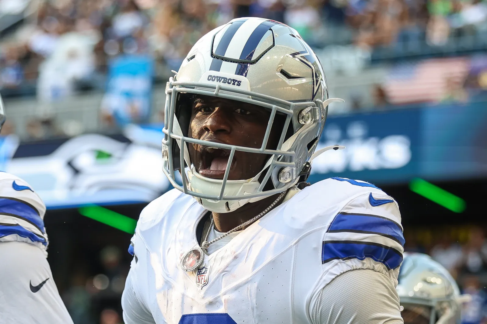 Camden Brown #6 of the Dallas Cowboys reacts during the second quarter of the NFL preseason game against the Seattle Seahawks at Lumen Field on August 15, 2026 in Seattle, Washington. (Photo by Jack Compton/Getty Images)
