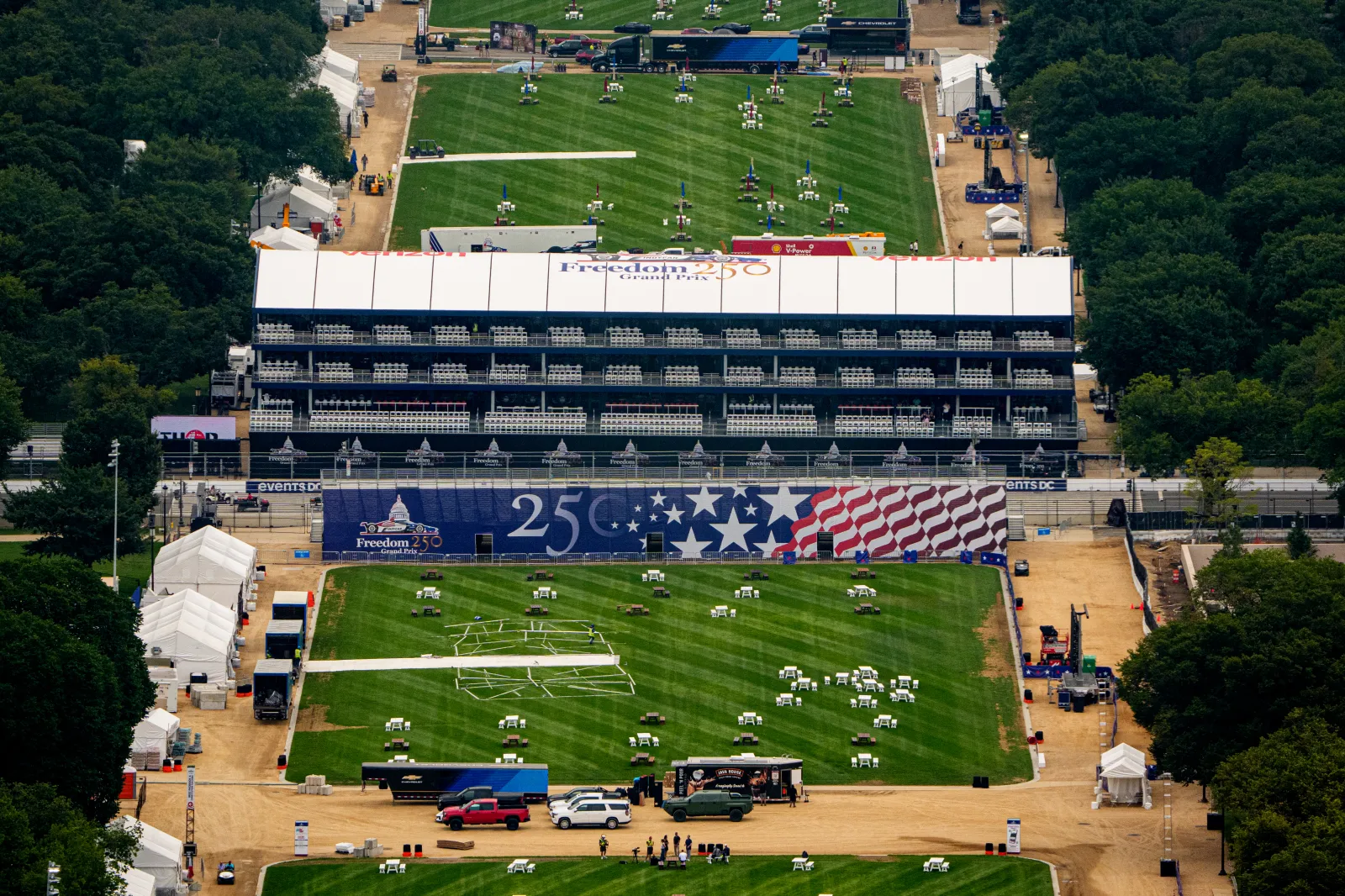 Viewing stands are visible on the National Mall for the Freedom 250 Grand Prix on August 20, 2026, in Washington, D.C.