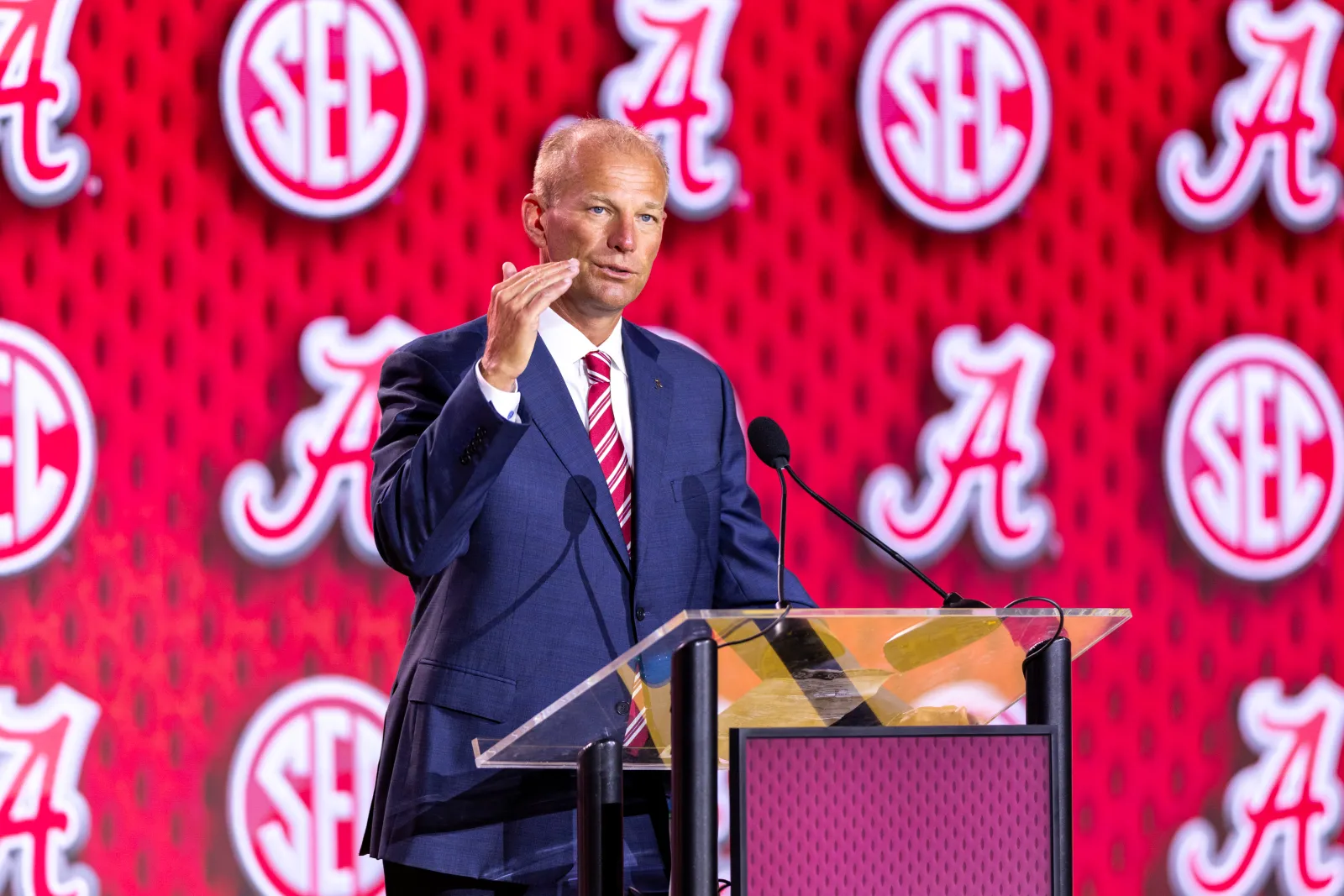 Head Coach Kalen DeBoer of the Alabama Crimson Tide speaks at SEC Football Kickoff Media Day at Tampa Marriott Water Street on July 22, 2026 in Tampa, Florida. (Photo by Parker S. Freedman/Getty Images)
