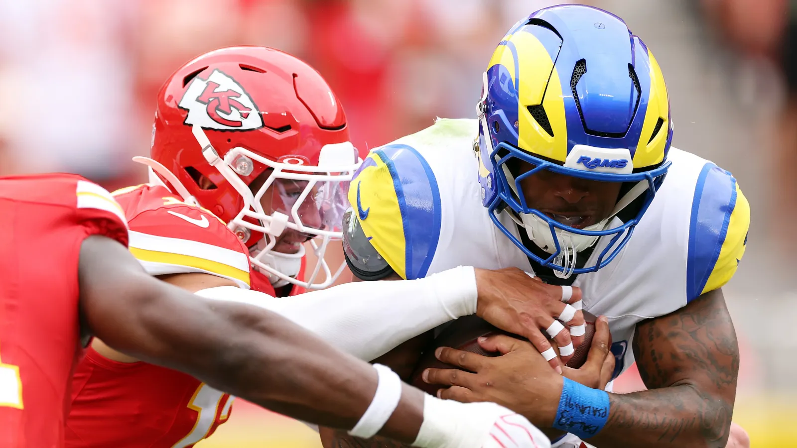 Running back Jarquez Hunter #27 of the Los Angeles Rams