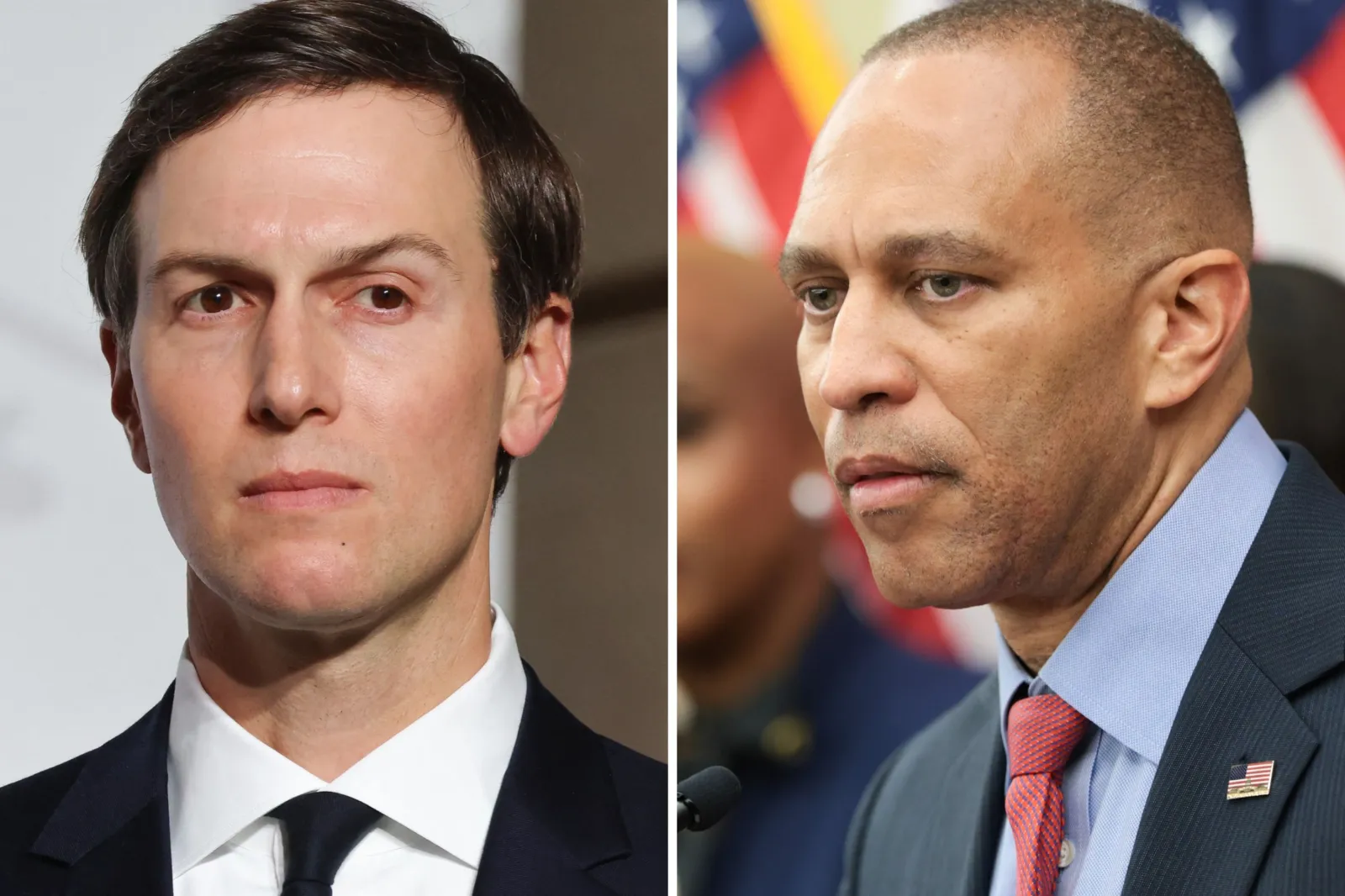 Jared Kushner and House Minority Leader Hakeem Jeffries (right). House Speaker Mike Johnson said Kushner "hedges bets" when asked about reports that Kushner and Jeffries had met privately.