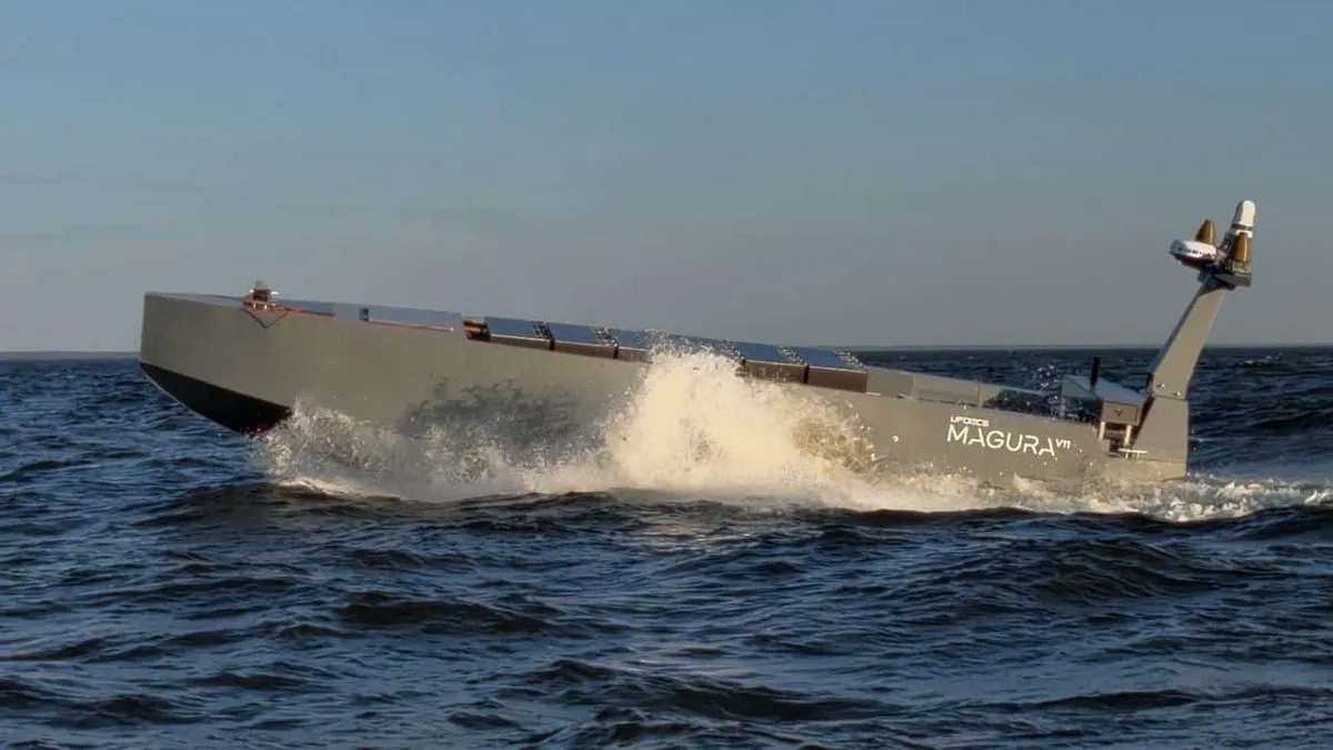 An image of the Magura MV11 sea drone, which its manufacturer, UFORCE, said was shown in public on Monday, August 24, 2026, as Ukraine marked its independence day.