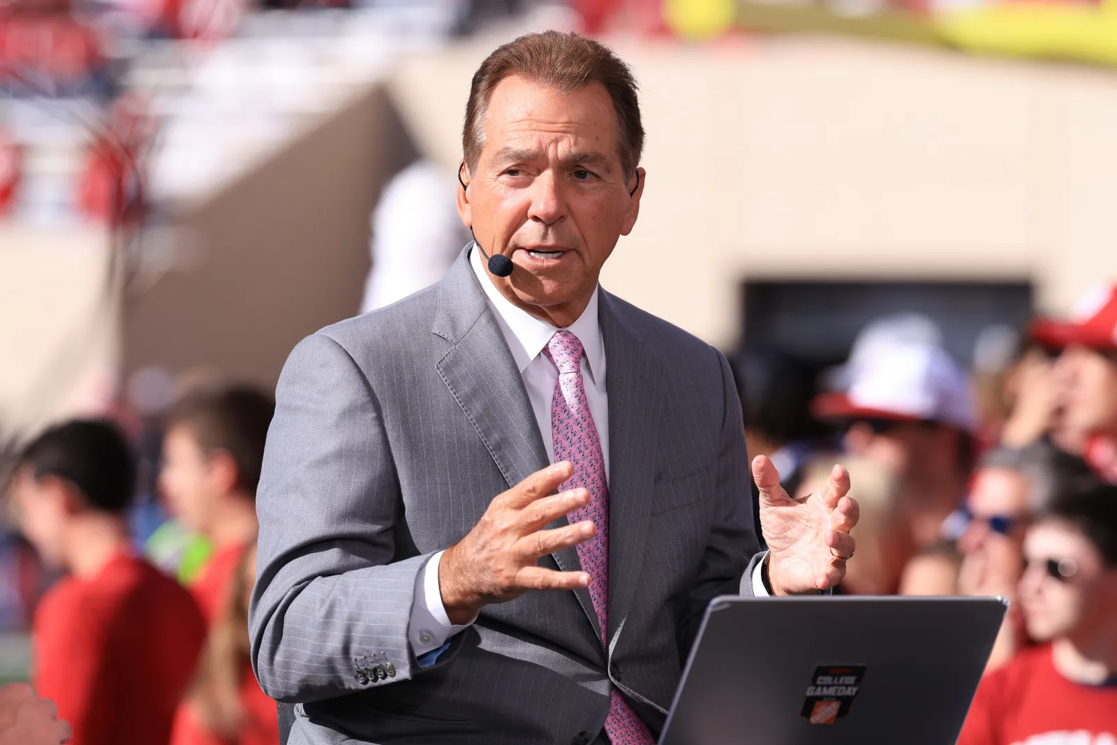 Nick Saban, ESPN GameDay commentator, speaks prior to the game between the Indiana Hoosiers and the Washington Huskies at Memorial Stadium on October 26, 2024 in Bloomington, Indiana. (Photo by Justin Casterline/Getty Images)