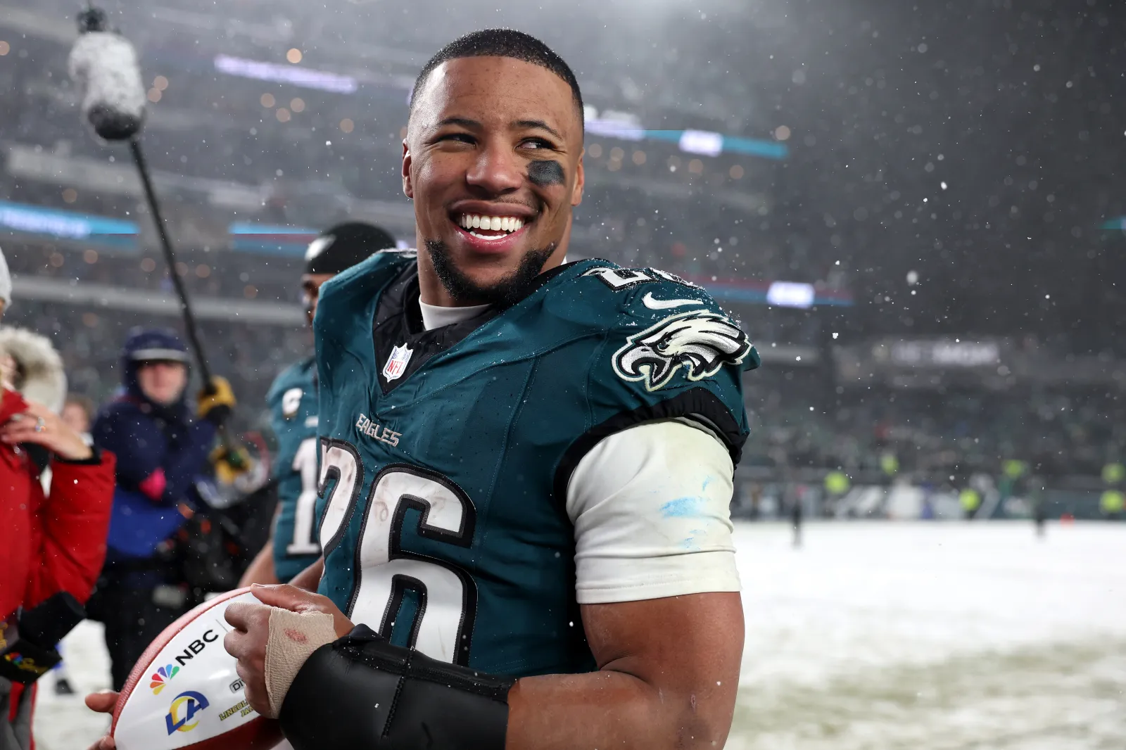  Saquon Barkley #26 of the Philadelphia Eagles reacts after defeating the Los Angeles Rams 28-22 in the NFC Divisional Playoff at Lincoln Financial Field on January 19, 2025 in Philadelphia, Pennsylvania. (Photo by Sarah Stier/Getty Images)