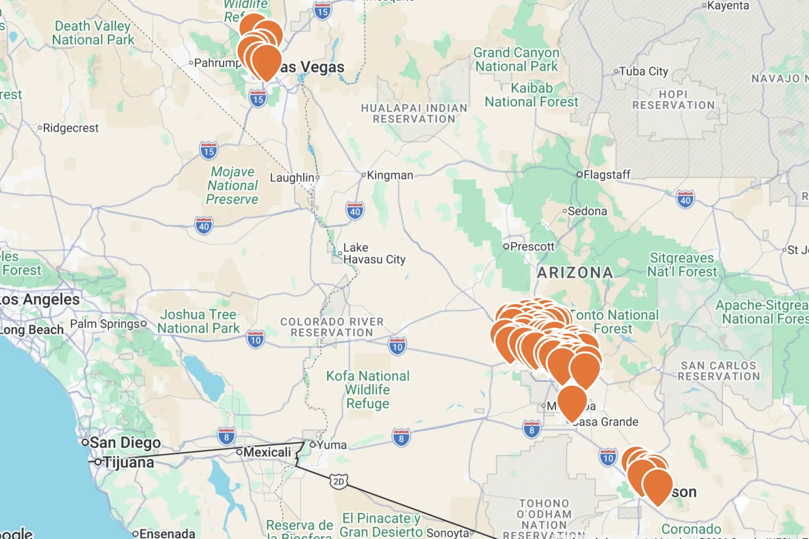 A map showing all of the Salad and Go locations in Arizona and Nevada that are closing.