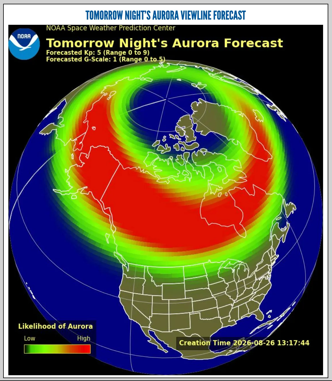 NOAA aurora prediction map for August 27.