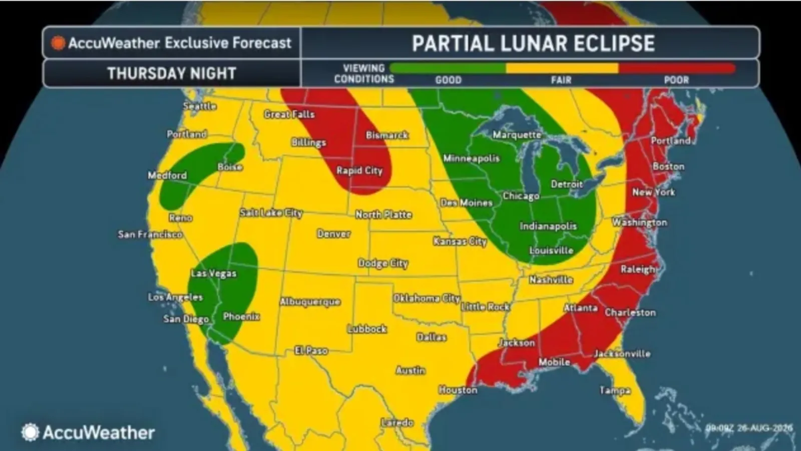A map from AccuWeather shows the states with the best visibility for the lunar eclipse on Thursday night.