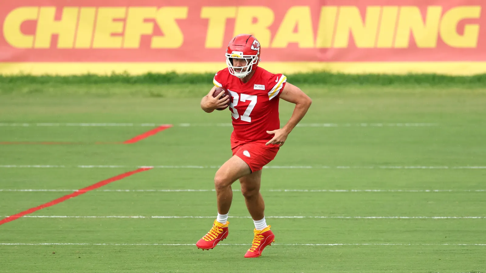  Tight end Travis Kelce #87 participates during Kansas City Chiefs training camp at Missouri Western State University on July 30, 2026 in St Joseph, Missouri. (Photo by Jamie Squire/Getty Images)