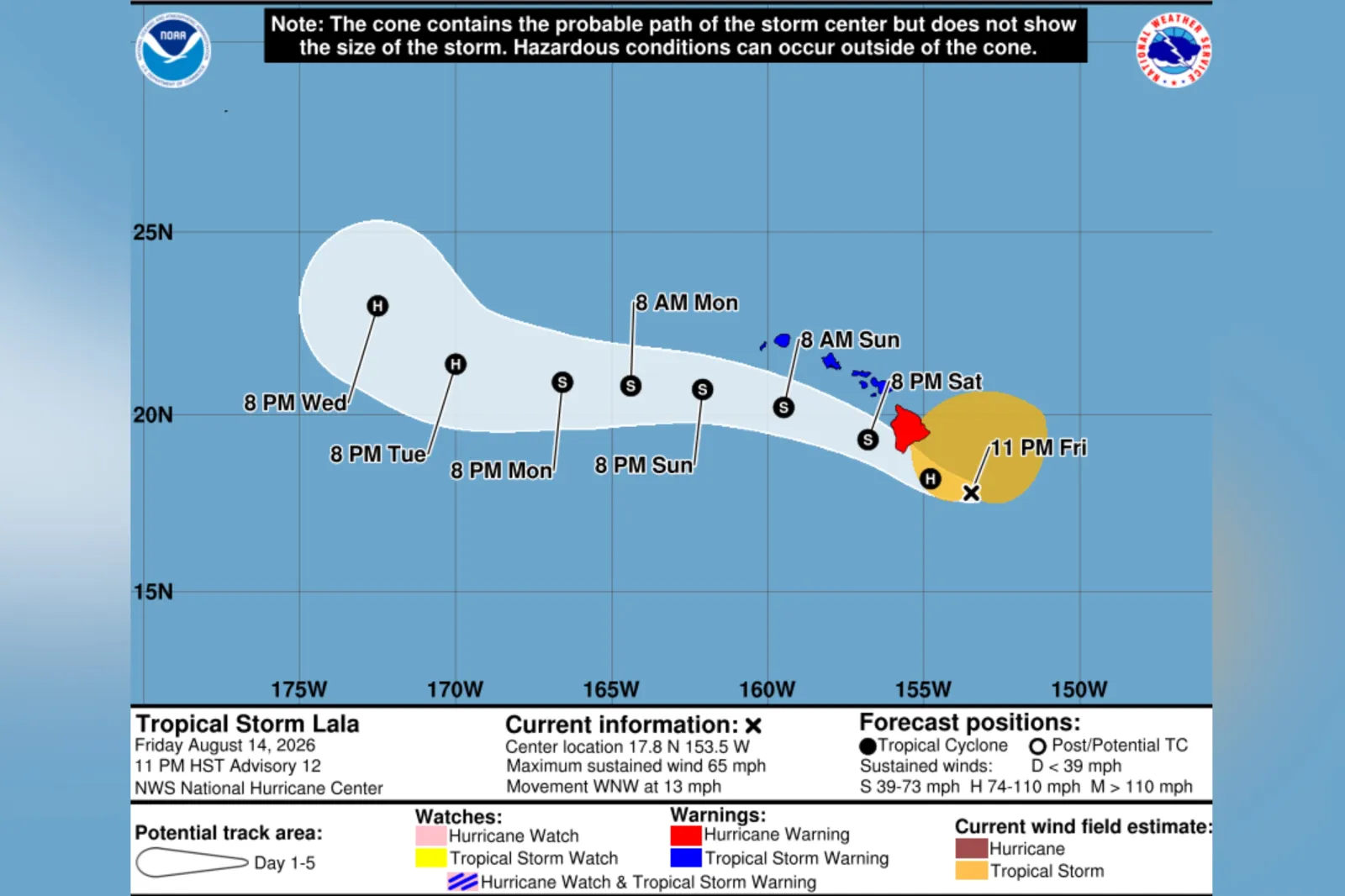 A forecast map from the NHC shows Tropical Storm Lala's path and where warnings have been issued.