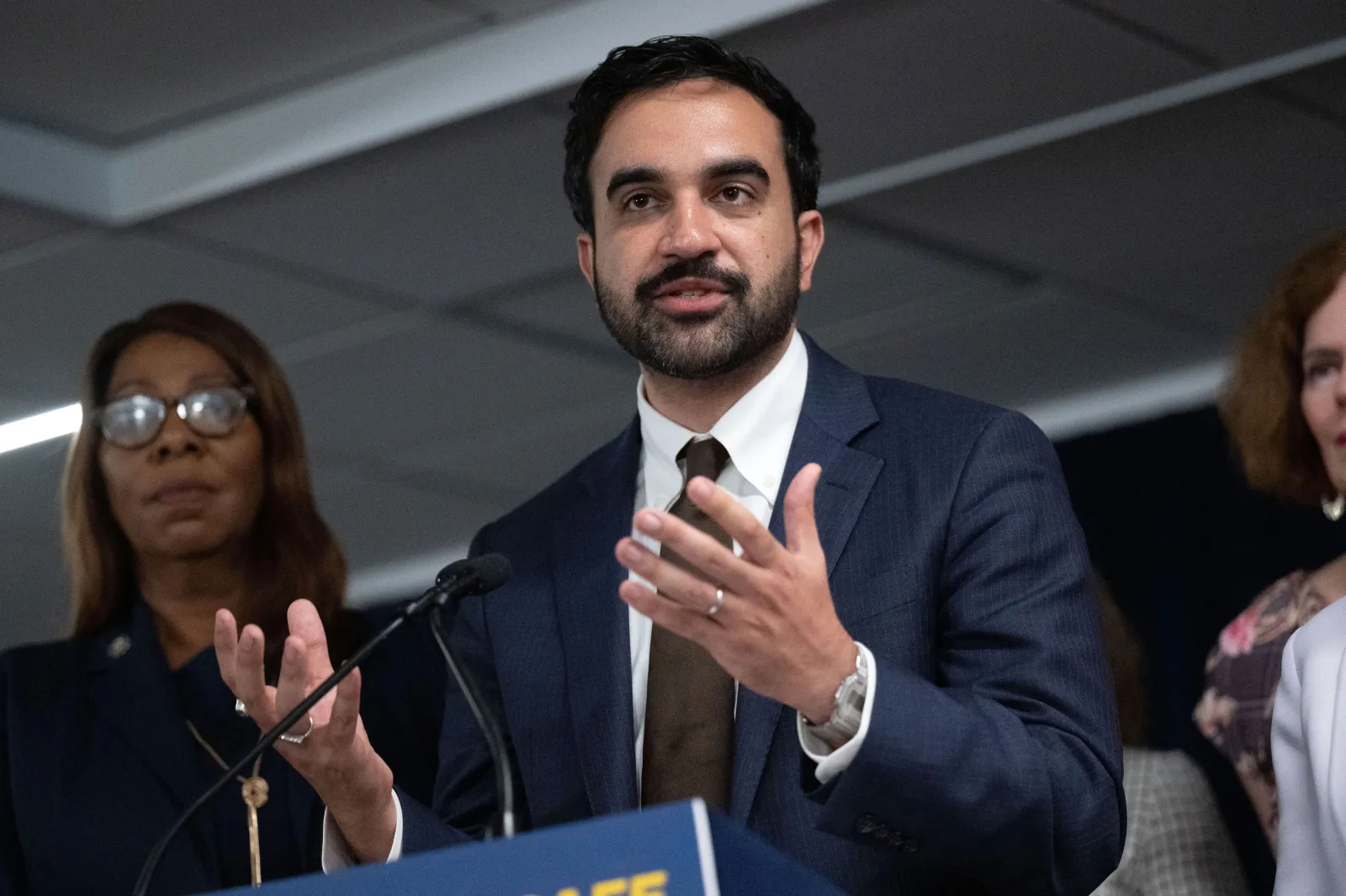 Mayor Zohran Mamdani holds a news conference on August 12 at the Office of the Governor of the State of New York.