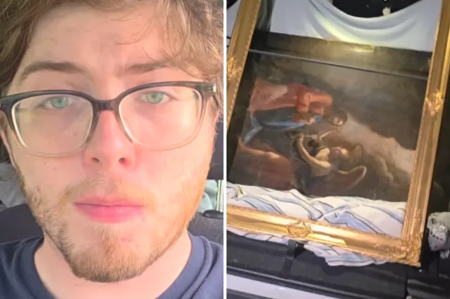 From left: Mark Byram II takes a selfie; and the painting rests in his car after he bought it.