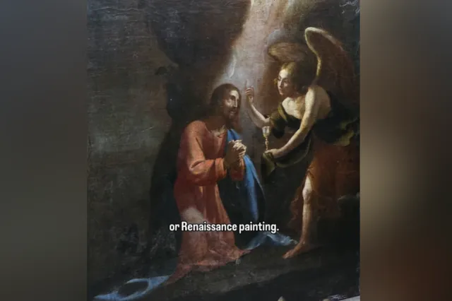 The painting of a kneeling Jesus, his hands clasped and surrounded by clouds, speaking to a winged angel.