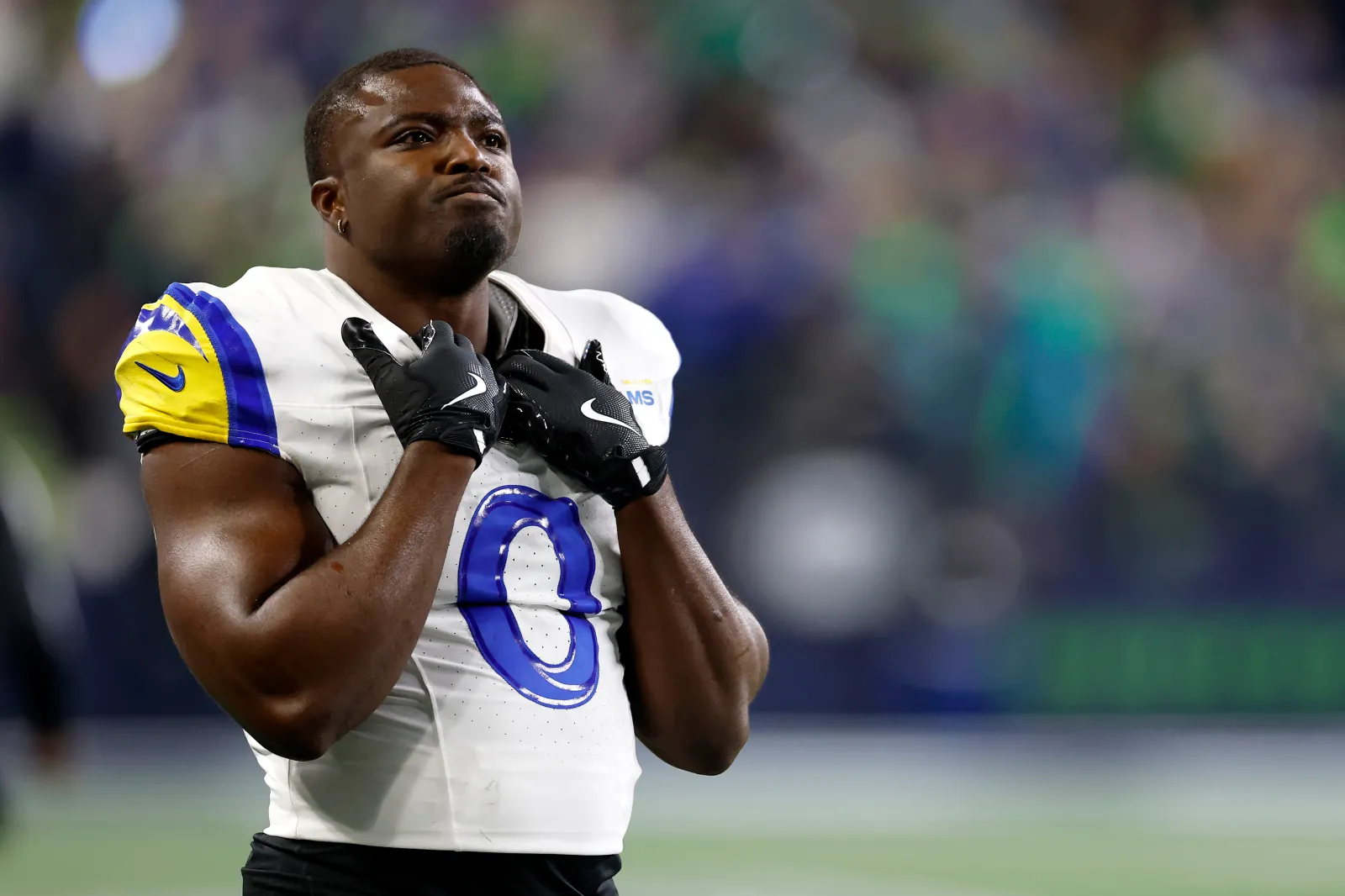 Byron Young #0 of the Los Angeles Rams looks on during the third quarter against the Seattle Seahawks in the NFC Championship game at Lumen Field on January 25, 2026 in Seattle, Washington.