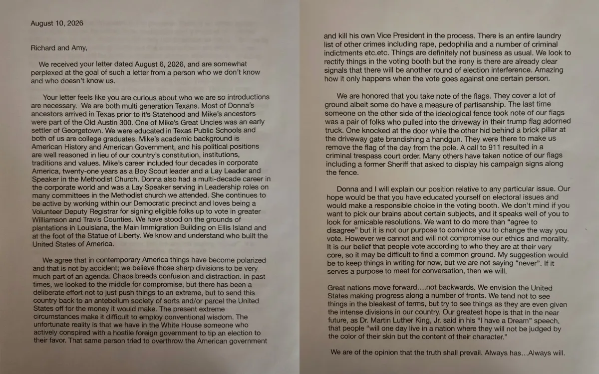 The letter Mike and Donna Bogert sent.