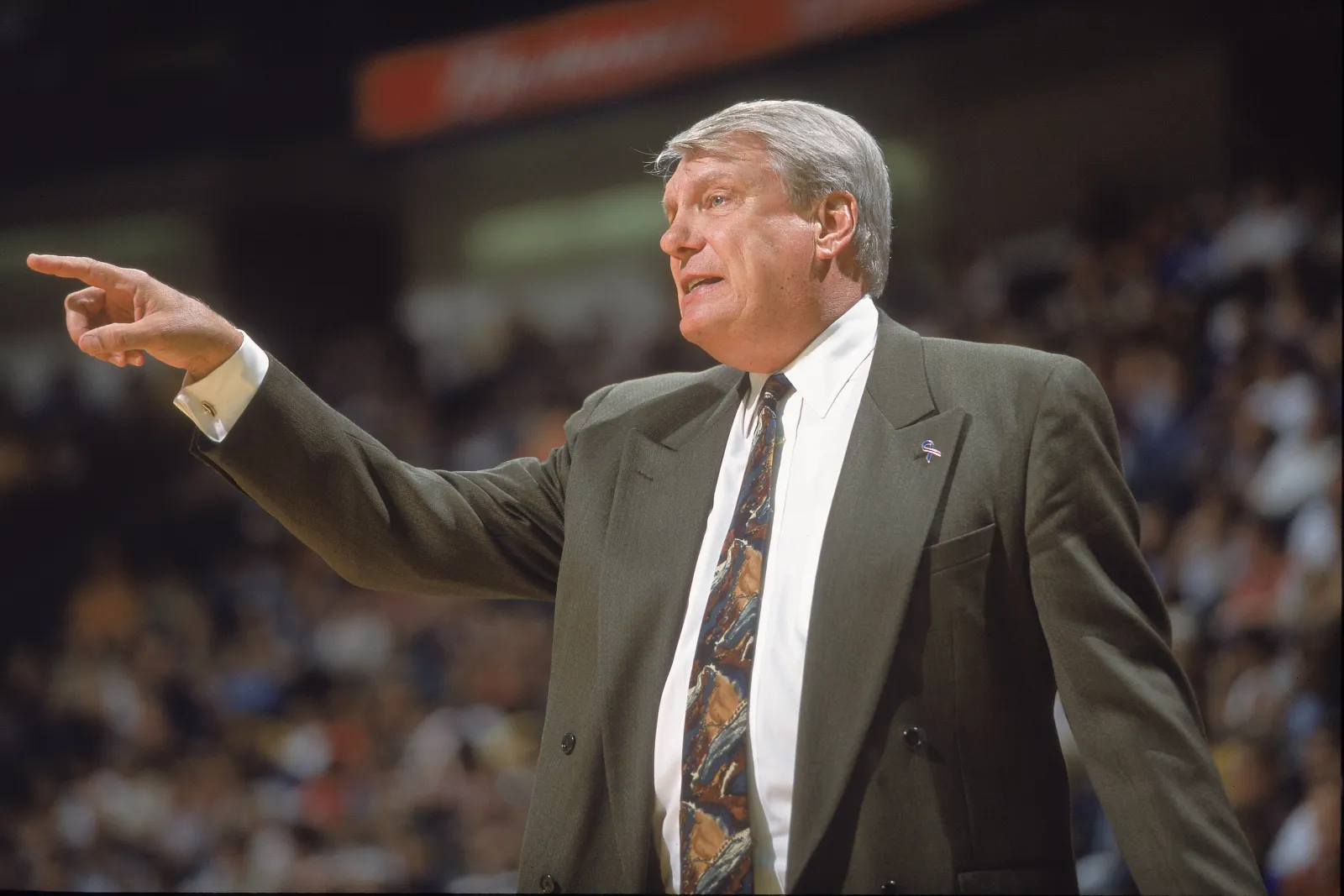 Head Coach Don Nelson of the Dallas Mavericks points from the sidelines during the game against the Atlanta Hawks at Reunion Arena in Dallas, Texas. The Mavericks defeated the Hawks 108-94.