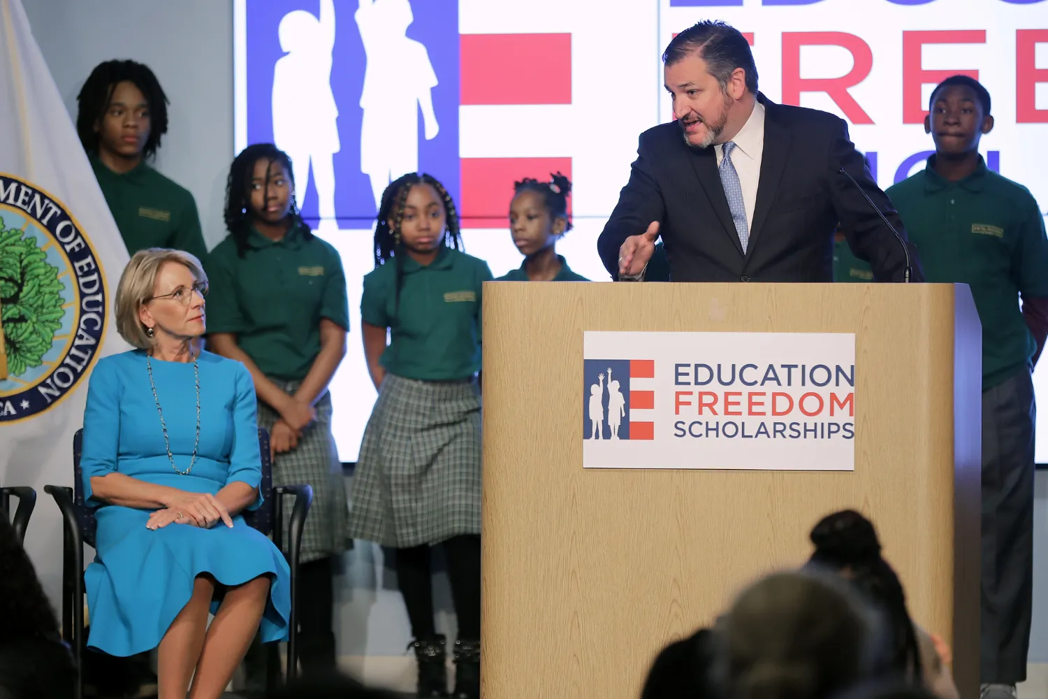 Sen. Ted Cruz addresses an event with U.S. Education Secretary Betsy DeVos to discuss their proposal for Education Freedom Scholarships at the Education Department headquarters February 28, 2019 in Washington, DC.