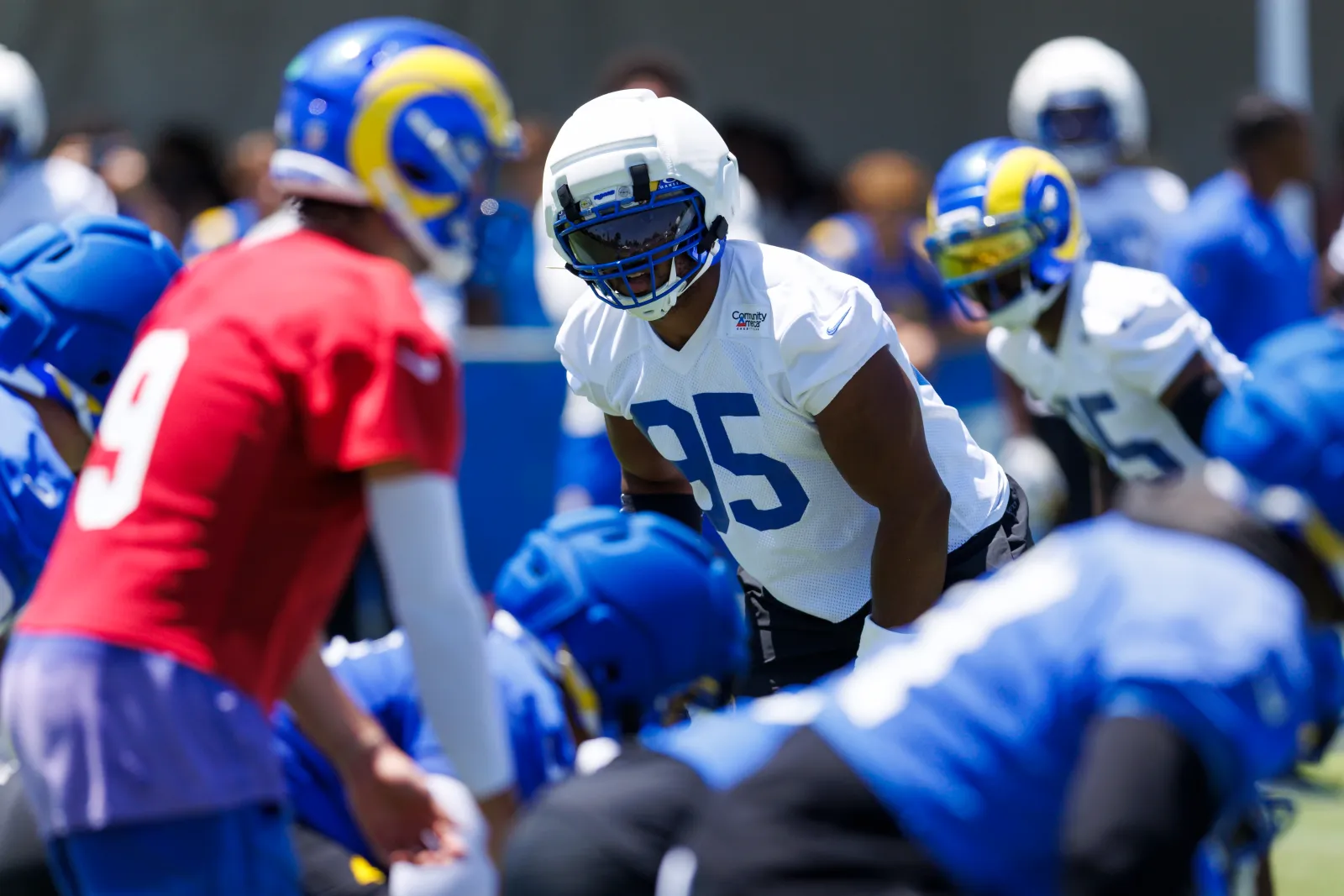 Myles Garrett #95 of the Los Angeles Rams in a ready stance during training camp at Loyola Marymount University on July 29, 2026 in Los Angeles, California.
